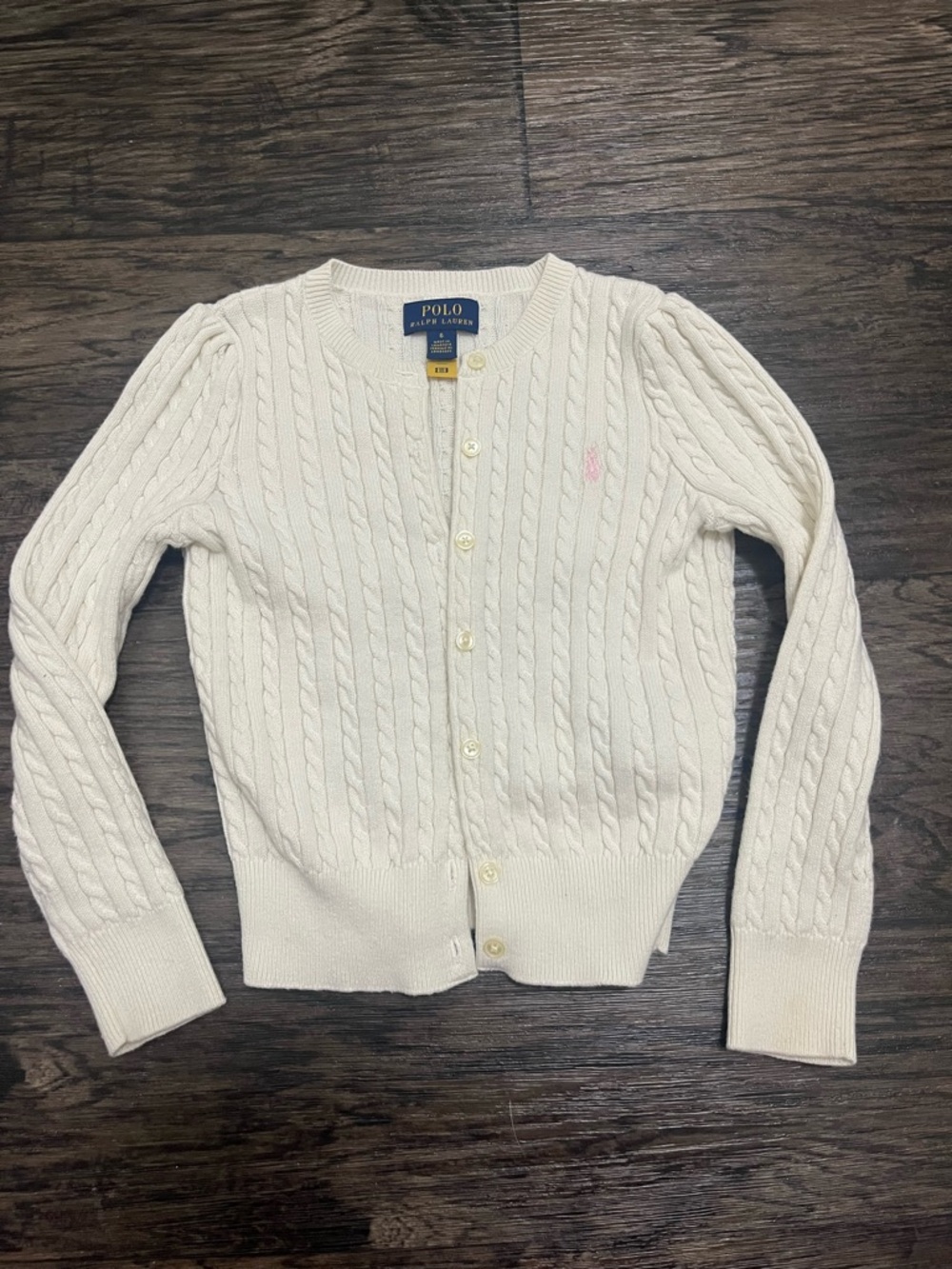 Polo by Ralph Lauren Cream Cable-Knit Button Cardigan with Pink Pony